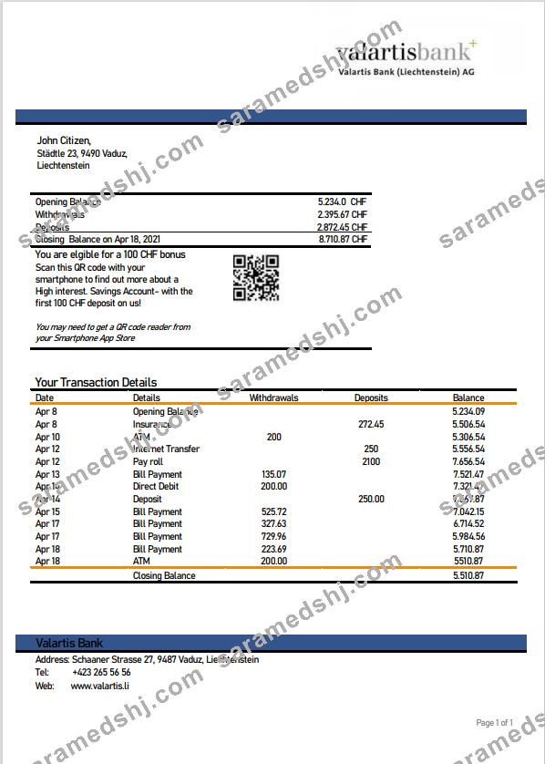 Liechtenstein Valartis bank statement template in Word and PDF format